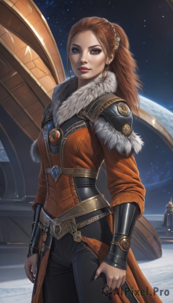 1girl,solo,long hair,breasts,looking at viewer,brown hair,hair ornament,brown eyes,jewelry,standing,ponytail,braid,cowboy shot,earrings,sky,belt,pants,signature,armor,lips,fur trim,makeup,black pants,lipstick,shoulder armor,star (sky),starry sky,freckles,fur collar,pauldrons,breastplate,nose,arms at sides,vambraces,red lips,space,bracer,planet,hair pulled back,night,watermark,gem,realistic