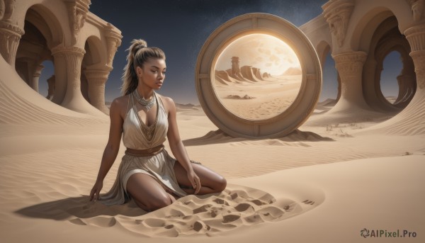 1girl,solo,long hair,breasts,brown hair,black hair,dress,cleavage,bare shoulders,brown eyes,jewelry,medium breasts,sitting,ponytail,sky,dark skin,necklace,dark-skinned female,lips,looking to the side,kneeling,moon,star (sky),starry sky,realistic,sand,yokozuwari,planet,pillar,desert,earrings,barefoot,white dress,facial mark,seiza,space,hair pulled back