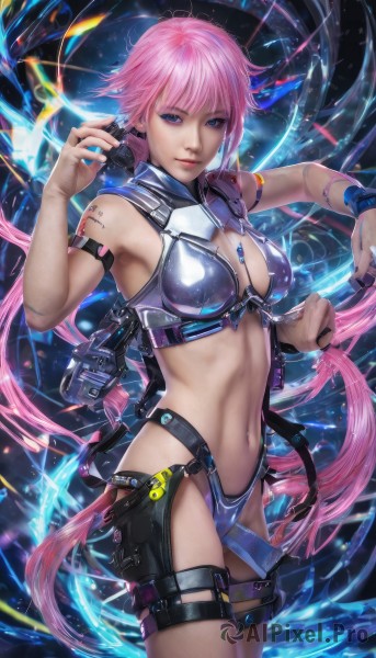 1girl,solo,long hair,breasts,looking at viewer,smile,bangs,blue eyes,navel,cleavage,medium breasts,very long hair,purple eyes,weapon,pink hair,cowboy shot,midriff,stomach,lips,gun,tattoo,thigh strap,science fiction,realistic,holster,thigh holster,swimsuit,bikini,cable,bikini armor