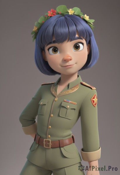 1girl,solo,looking at viewer,smile,short hair,bangs,simple background,black hair,hair ornament,long sleeves,brown eyes,closed mouth,blue hair,standing,flower,cowboy shot,belt,pants,hair flower,grey background,uniform,military,military uniform,freckles,arm behind back,brown background,pocket,brown belt,head wreath,green pants,imperial japanese army,lips,realistic,medal,wreath,flower wreath