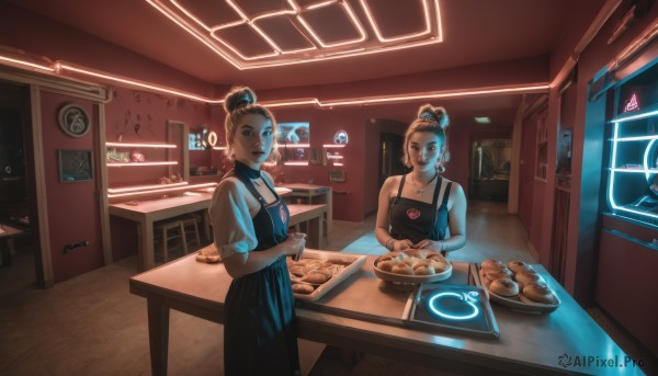 looking at viewer,smile,short hair,blue eyes,multiple girls,brown hair,black hair,dress,holding,2girls,brown eyes,jewelry,earrings,food,indoors,dark skin,necklace,hair bun,apron,bracelet,dark-skinned female,cup,lips,siblings,table,single hair bun,science fiction,bread,shop,restaurant,counter,cafe,blue apron,neon lights,heart,scenery,realistic,hologram