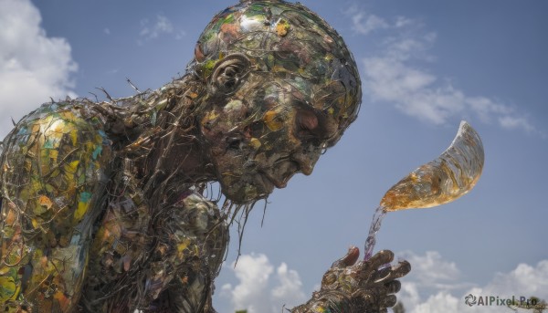 solo,1boy,upper body,outdoors,sky,day,cloud,from side,blue sky,no humans,profile,robot,science fiction,realistic,damaged,alien,food,cloudy sky,scenery,1other,dirty,gold,liquid,honey