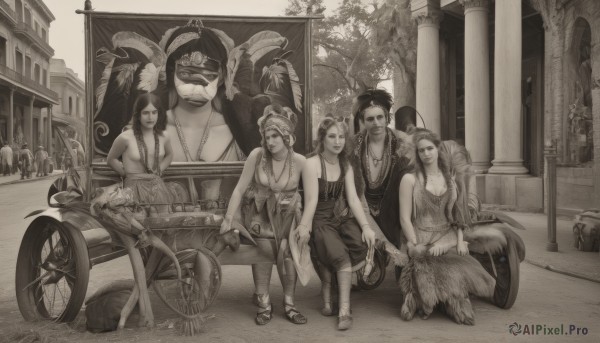 long hair,breasts,smile,multiple girls,hat,cleavage,bare shoulders,jewelry,medium breasts,sitting,monochrome,braid,greyscale,outdoors,food,multiple boys,barefoot,3girls,2boys,necklace,bag,bracelet,tree,4girls,facial hair,sandals,3boys,helmet,feathers,goggles,ground vehicle,motor vehicle,beard,riding,looking at viewer,large breasts,dress,weapon,pants,leaning forward,bird,sunglasses,knife,building,realistic,car,road,mother and daughter,motorcycle,family,statue,old woman,wheelchair