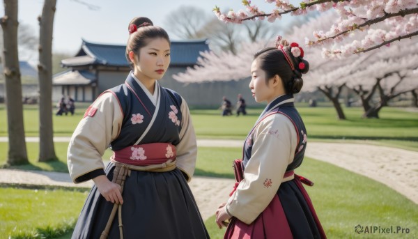 multiple girls,black hair,hair ornament,long sleeves,2girls,brown eyes,standing,weapon,flower,outdoors,japanese clothes,multiple boys,day,sword,hair flower,hair bun,blurry,looking at another,tree,lips,sash,depth of field,blurry background,chinese clothes,floral print,single hair bun,grass,cherry blossoms,sheath,hands on hips,sheathed,realistic,architecture,east asian architecture,korean clothes,hanbok,skirt,brown hair,holding,kimono,holding weapon,hakama,hakama skirt,hair stick,field