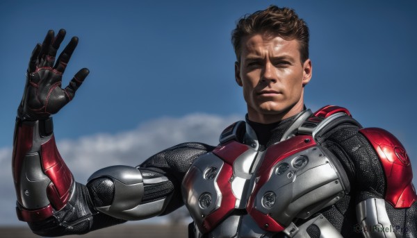 solo,brown hair,1boy,closed eyes,upper body,male focus,outdoors,sky,day,cloud,hand up,dark skin,armor,blurry,blue sky,blurry background,dark-skinned male,science fiction,realistic,mechanical arms,manly,power armor,looking at viewer,short hair,black hair,closed mouth,bodysuit,muscular,facial hair,muscular male,facing viewer,superhero,single mechanical arm