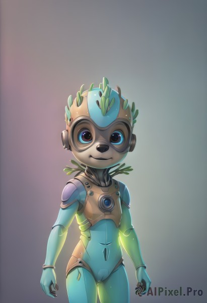 1girl,solo,looking at viewer,smile,blue eyes,simple background,1boy,navel,standing,male focus,cowboy shot,gradient,gradient background,no humans,glowing,leaf,helmet,robot,arms at sides,android,joints,robot joints,humanoid robot,animal ears,furry,furry male,male child