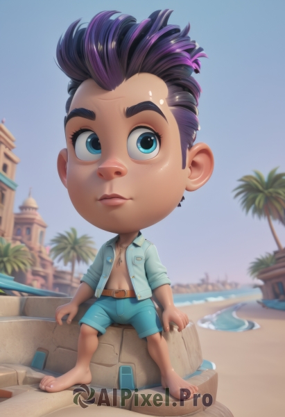 solo,looking at viewer,short hair,blue eyes,shirt,black hair,1boy,navel,jewelry,sitting,closed mouth,jacket,full body,purple hair,male focus,multicolored hair,outdoors,open clothes,sky,shorts,barefoot,day,belt,water,necklace,chibi,blurry,tree,blue sky,lips,open shirt,blurry background,beach,blue shirt,building,child,blue shorts,sand,palm tree,male child,undercut,swim trunks,sand sculpture,coconut,sand castle,artist name,two-tone hair,watermark,watercraft,mohawk