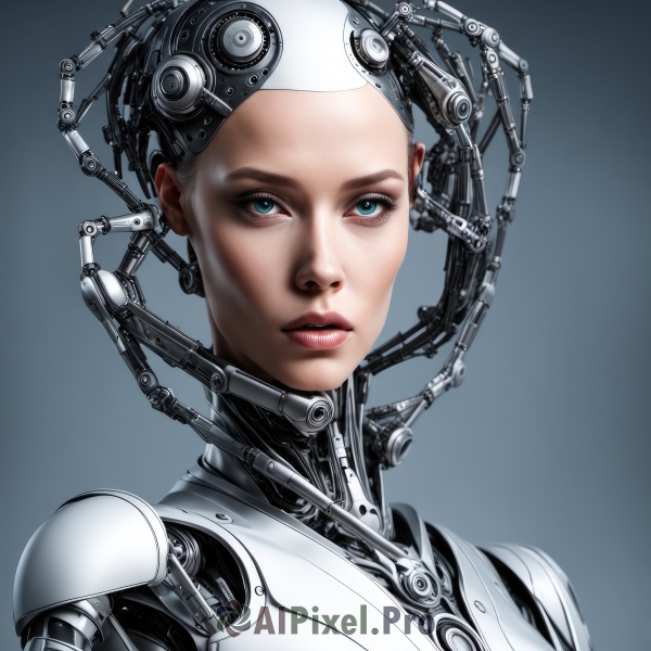 1girl,solo,looking at viewer,short hair,blue eyes,simple background,upper body,white hair,signature,grey background,aqua eyes,lips,gradient,gradient background,eyelashes,bodysuit,makeup,lipstick,portrait,science fiction,realistic,nose,android,cable,very short hair,cyborg,cyberpunk,parted lips,headgear,expressionless,close-up,mechanical parts