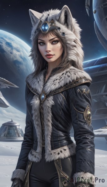 1girl,solo,long hair,looking at viewer,brown hair,gloves,long sleeves,hat,animal ears,brown eyes,jewelry,standing,jacket,cowboy shot,sky,black gloves,pants,artist name,signature,hood,lips,coat,fur trim,makeup,black pants,moon,brooch,gem,star (sky),snow,starry sky,animal hood,realistic,nose,winter clothes,red lips,space,leather,planet,earth (planet),spacecraft,parka,holding,weapon,holding weapon,facial mark,dual wielding