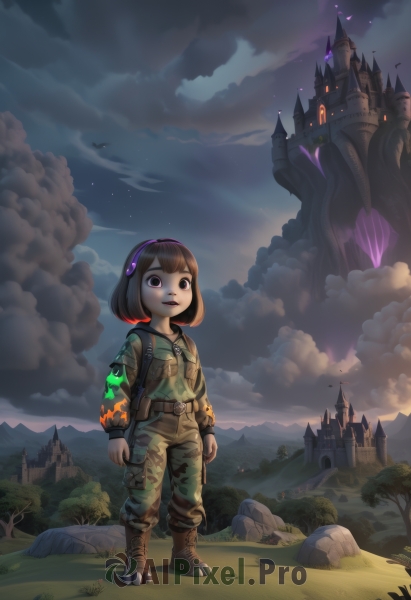 1girl,solo,looking at viewer,short hair,bangs,brown hair,long sleeves,brown eyes,standing,jacket,full body,hairband,boots,outdoors,parted lips,sky,belt,pants,artist name,cloud,signature,bag,black eyes,tree,night,bird,brown footwear,bob cut,backpack,cloudy sky,grass,child,star (sky),nature,night sky,scenery,cross-laced footwear,pocket,pouch,rock,green jacket,mountain,lace-up boots,female child,camouflage,castle,camouflage jacket,smile,open mouth,hood,headphones,cliff,floating island