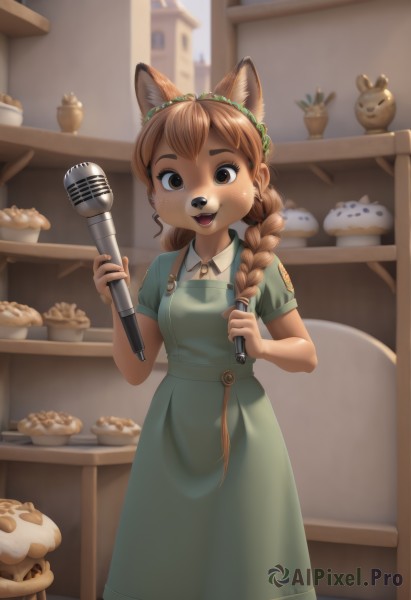 1girl,solo,long hair,breasts,looking at viewer,blush,smile,open mouth,bangs,brown hair,dress,holding,animal ears,brown eyes,standing,braid,short sleeves,:d,hairband,small breasts,food,teeth,day,artist name,indoors,signature,blurry,apron,twin braids,animal ear fluff,hands up,fox ears,window,single braid,:3,buttons,blurry background,table,happy,thick eyebrows,fox girl,microphone,hair over shoulder,furry,freckles,green dress,furry female,collared dress,pinafore dress,body fur,bread,animal nose,shop,green apron,shirt,holding microphone,egg