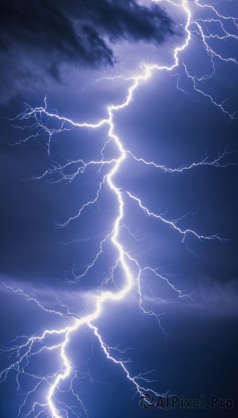 monochrome,outdoors,sky,cloud,no humans,cloudy sky,scenery,blue theme,electricity,lightning,night,dark