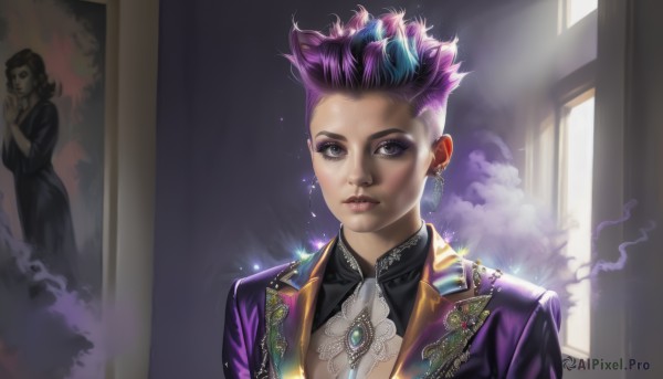 1girl,solo,looking at viewer,short hair,multiple girls,dress,2girls,jewelry,blue hair,purple eyes,jacket,upper body,purple hair,multicolored hair,earrings,parted lips,teeth,solo focus,indoors,two-tone hair,lips,eyelashes,window,sparkle,makeup,formal,suit,lipstick,brooch,gem,smoke,glint,realistic,nose,hair slicked back,pink hair,artist name,piercing,eyeshadow,undercut