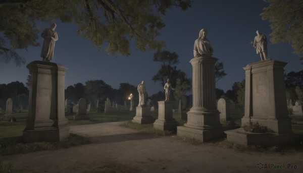 holding,standing,outdoors,sky,tree,no humans,night,grass,star (sky),night sky,scenery,robe,pillar,statue,tombstone,graveyard,day,blue sky,fire,plant,starry sky,lantern,bush