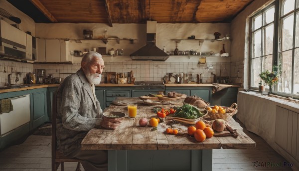 solo,long sleeves,1boy,holding,sitting,flower,male focus,food,day,indoors,cup,window,fruit,facial hair,scar,chair,table,bottle,knife,plant,scenery,beard,plate,bowl,realistic,mustache,apple,basket,bald,bread,old,old man,orange (fruit),kitchen,tomato,vegetable,white hair,mug,tiles,jar,wrinkled skin,cutting board