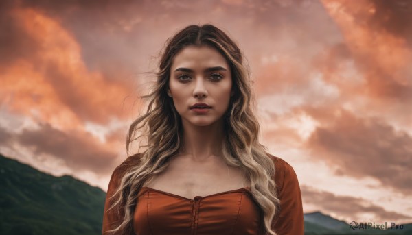 1girl,solo,long hair,breasts,looking at viewer,blonde hair,brown hair,shirt,brown eyes,collarbone,upper body,multicolored hair,outdoors,parted lips,sky,cloud,lips,makeup,wavy hair,cloudy sky,red shirt,freckles,curly hair,mountain,realistic,nose,red lips,dress,lipstick