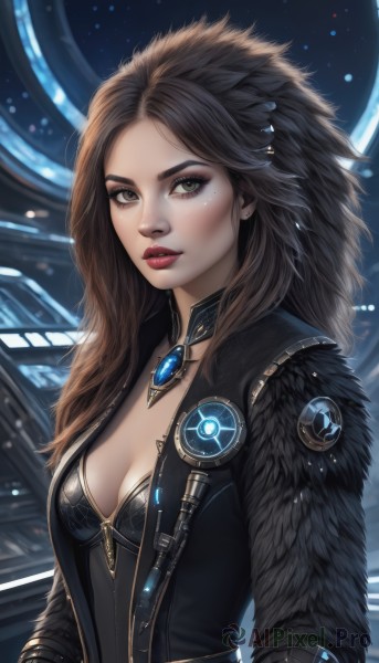 1girl,solo,long hair,breasts,looking at viewer,brown hair,cleavage,brown eyes,jewelry,medium breasts,jacket,upper body,small breasts,parted lips,open clothes,choker,necklace,mole,lips,fur trim,eyelashes,mole under eye,makeup,lipstick,gem,eyeshadow,freckles,science fiction,realistic,nose,red lips,black hair,artist name,bodysuit,forehead