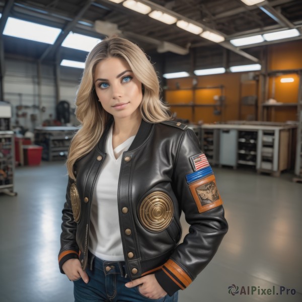 1girl,solo,long hair,looking at viewer,smile,blue eyes,blonde hair,shirt,long sleeves,closed mouth,standing,jacket,white shirt,cowboy shot,open clothes,belt,pants,indoors,blurry,open jacket,lips,black jacket,depth of field,blurry background,denim,forehead,zipper,jeans,realistic,nose,hands in pockets,unzipped,leather,leather jacket,photo background,american flag,union jack,breasts,medium breasts,artist name,signature,buttons,wavy hair