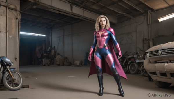 1girl,solo,long hair,breasts,looking at viewer,blue eyes,blonde hair,gloves,medium breasts,standing,boots,indoors,cape,lips,bodysuit,knee boots,ground vehicle,skin tight,motor vehicle,realistic,animification,motorcycle,pink gloves,superhero,redesign,full body,black footwear,clothing cutout,shadow,cleavage cutout,car