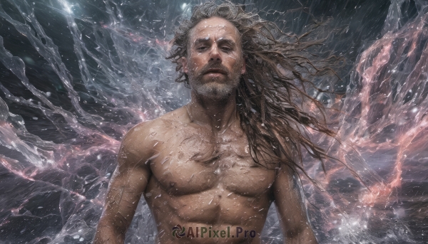 solo,long hair,brown hair,1boy,closed mouth,nipples,upper body,male focus,dark skin,water,wet,muscular,facial hair,beard,rain,topless male,realistic,manly,waves,lightning,looking at viewer,grey hair,nude,floating hair,pectorals,mustache,old,splashing,chest hair,old man