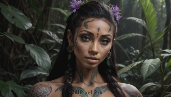 1girl,solo,long hair,looking at viewer,black hair,hair ornament,bare shoulders,jewelry,closed mouth,collarbone,upper body,braid,flower,earrings,outdoors,hair flower,dark skin,blurry,black eyes,dark-skinned female,lips,eyelashes,tattoo,makeup,leaf,facial mark,plant,portrait,nature,side braid,forest,freckles,realistic,nose,bodypaint,neck tattoo,tribal,brown eyes,mole,tree,purple flower,facial tattoo