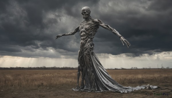 solo,1boy,standing,full body,outdoors,sky,cloud,no humans,cloudy sky,grass,outstretched arms,1other,monster,spread arms,field,ribs,skeleton,horror (theme),dress,barefoot,black dress,colored skin,scenery,statue,grey sky