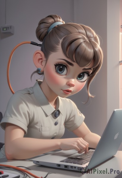 1girl,solo,breasts,looking at viewer,blush,short hair,bangs,blue eyes,brown hair,shirt,hair ornament,jewelry,white shirt,upper body,short sleeves,earrings,small breasts,parted lips,collared shirt,indoors,hair bun,lips,grey eyes,buttons,single hair bun,freckles,red lips,cable,computer,laptop,closed mouth,makeup,realistic,nose