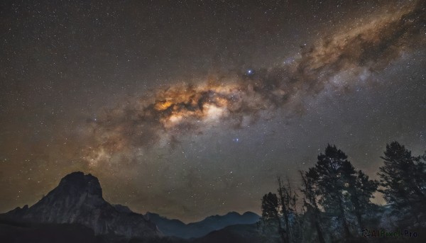 outdoors,sky,cloud,tree,no humans,night,star (sky),nature,night sky,scenery,forest,starry sky,mountain,landscape,pine tree,milky way,mountainous horizon,galaxy