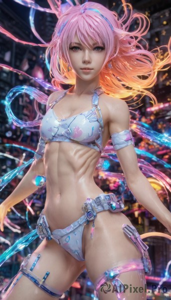 1girl,solo,long hair,breasts,looking at viewer,blue eyes,navel,cleavage,jewelry,medium breasts,underwear,standing,panties,swimsuit,pink hair,bikini,multicolored hair,cowboy shot,hairband,earrings,small breasts,stomach,bra,orange hair,blurry,lips,gradient hair,thigh strap,floating hair,blurry background,watermark,web address,science fiction,realistic,holster,thigh holster,city lights,parted lips,belt,white bikini,armband,contrapposto,toned