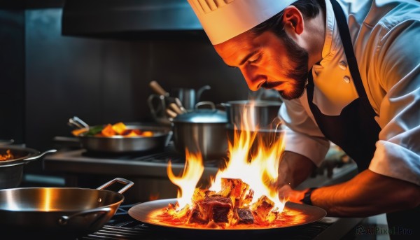 solo,short hair,black hair,1boy,hat,holding,closed eyes,upper body,male focus,food,indoors,blurry,apron,from side,muscular,blurry background,facial hair,fire,muscular male,bara,beard,sleeves rolled up,mature male,cooking,kitchen,frying pan,chef hat,chef,shirt,multiple boys,2boys,thick eyebrows,mustache,arm hair