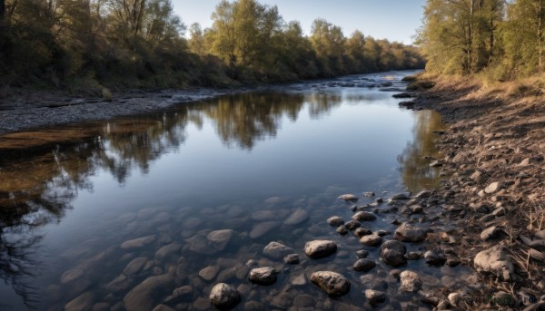 outdoors,sky,day,signature,water,tree,no humans,grass,nature,scenery,forest,reflection,rock,river,lake,stone,pond,reflective water,stream,blue sky,landscape