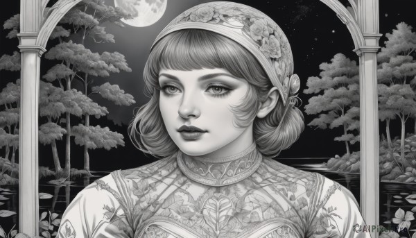 1girl,solo,looking at viewer,short hair,bangs,dress,closed mouth,monochrome,upper body,greyscale,outdoors,sky,hair bun,tree,lips,eyelashes,makeup,night,leaf,floral print,moon,portrait,star (sky),nature,night sky,full moon,starry sky,nose,smile,flower,lipstick,realistic