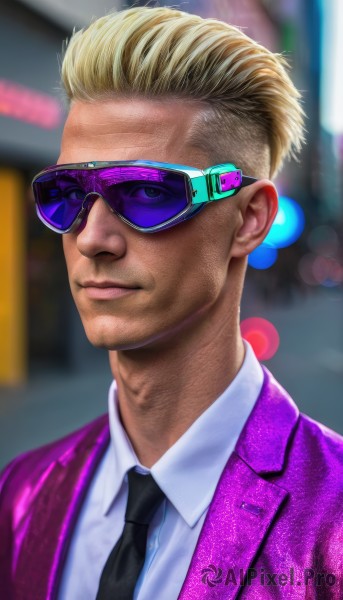 solo,looking at viewer,short hair,blonde hair,shirt,1boy,closed mouth,jacket,white shirt,upper body,male focus,necktie,collared shirt,blurry,lips,blurry background,formal,sunglasses,suit,portrait,black necktie,realistic,pink jacket,purple jacket,blue eyes,depth of field,facial hair,nose,very short hair