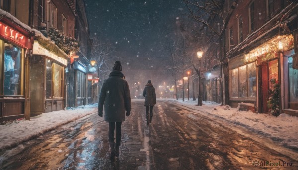 1girl, black hair, 1boy, standing, outdoors, sky, from behind, tree, coat, dutch angle, night, building, night sky, scenery, snow, walking, snowing, sign, winter clothes, road, winter, lamppost, bare tree, street, vanishing point, storefront