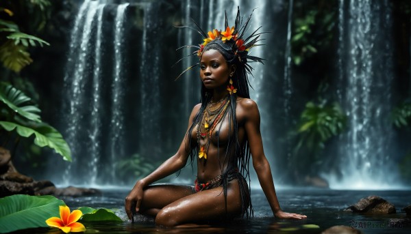 HQ,1girl,solo,long hair,breasts,blue eyes,black hair,hair ornament,navel,jewelry,medium breasts,sitting,very long hair,flower,nude,earrings,small breasts,outdoors,hair flower,dark skin,water,necklace,blurry,dark-skinned female,tree,lips,wet,blurry background,leaf,topless,plant,nature,convenient censoring,forest,realistic,nose,hair censor,hair over breasts,waterfall,tribal,nipples,barefoot,signature,arm support,very dark skin