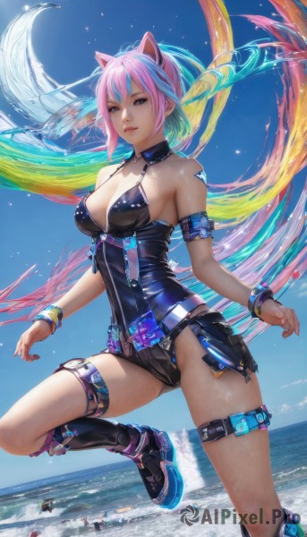 1girl,solo,breasts,looking at viewer,short hair,blue eyes,large breasts,animal ears,cleavage,bare shoulders,jewelry,medium breasts,blue hair,standing,swimsuit,pink hair,multicolored hair,boots,outdoors,parted lips,sky,day,belt,cat ears,water,bracelet,two-tone hair,leotard,lips,thigh strap,fake animal ears,ocean,beach,knee boots,purple eyes,collar,blue sky,streaked hair,aqua hair,covered navel,tattoo,leg up,armband,armlet