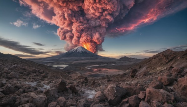 outdoors, sky, cloud, no humans, fire, scenery, sunset, rock, mountain, landscape, molten rock