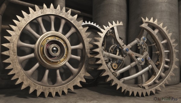 artist name,no humans,shadow,watermark,web address,gears,still life,wheel,steampunk,solo,weapon,signature,dated,vehicle focus