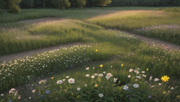 flower,outdoors,day,tree,no humans,grass,plant,white flower,nature,scenery,forest,blue flower,yellow flower,purple flower,bush,field,flower field,path,daisy,sky,road