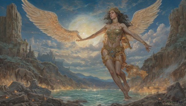 1girl,solo,long hair,breasts,black hair,navel,bare shoulders,jewelry,closed eyes,outdoors,wings,sky,barefoot,midriff,cloud,dark skin,water,necklace,bracelet,lips,dutch angle,night,ocean,moon,cloudy sky,outstretched arms,scenery,feathered wings,full moon,flying,angel wings,rock,mountain,fantasy,spread arms,angel,brown hair,cleavage,medium breasts,standing,full body,parted lips,choker,day,watermark,wavy hair,halo,sunlight,walking,curly hair,circlet,realistic,sun,cliff