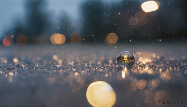 sky, blurry, no humans, night, depth of field, blurry background, star (sky), scenery, light particles, bokeh, city lights