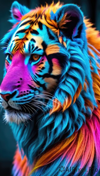 solo,looking at viewer,open mouth,closed mouth,yellow eyes,blurry,from side,orange eyes,no humans,animal,feathers,black background,portrait,realistic,chinese zodiac,animal focus,whiskers,tiger,year of the tiger,simple background,artist name,signature,blue background