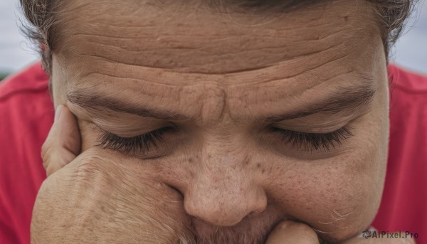 solo,1boy,closed eyes,male focus,multiple boys,indoors,2boys,blurry,blurry background,facial hair,kiss,bara,yaoi,beard,close-up,freckles,realistic,hand on another's face,old,chest hair,old man,arm hair,hairy,wrinkled skin