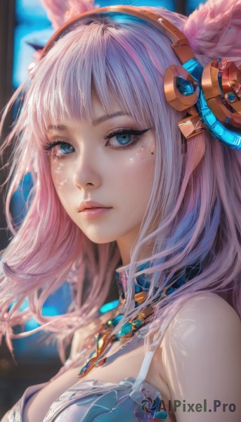 1girl,solo,long hair,breasts,looking at viewer,bangs,blue eyes,large breasts,hair ornament,animal ears,cleavage,bare shoulders,jewelry,medium breasts,closed mouth,upper body,pink hair,white hair,hairband,artist name,necklace,mole,blurry,lips,fox ears,eyelashes,mole under eye,makeup,blurry background,headgear,portrait,pink lips,realistic,nose,mascara,underwear,multicolored hair,blunt bangs,bra,expressionless,gem