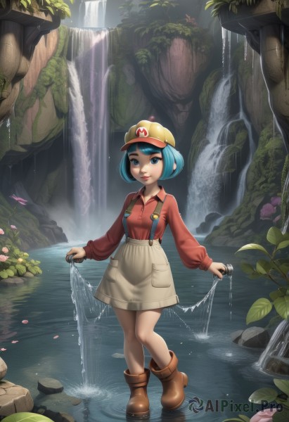 1girl,solo,breasts,looking at viewer,smile,short hair,bangs,blue eyes,skirt,shirt,long sleeves,hat,closed mouth,blue hair,standing,full body,flower,boots,outdoors,collared shirt,artist name,signature,water,lips,eyelashes,makeup,leaf,watermark,brown footwear,bob cut,standing on one leg,suspenders,plant,red shirt,nature,baseball cap,web address,walking,rock,nose,suspender skirt,ankle boots,overalls,badge,ripples,waterfall,yellow headwear,lily pad,moss,pond,stream,aqua hair,pink flower