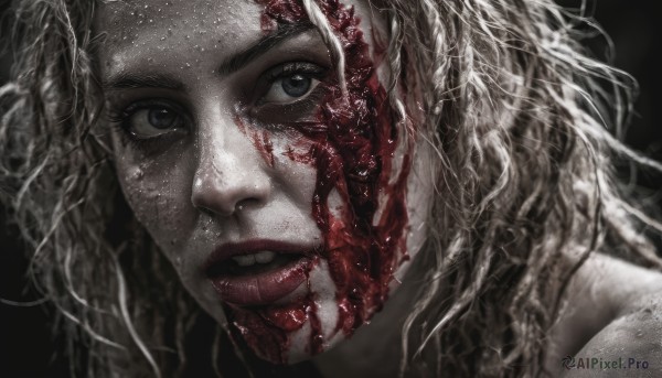 1girl,solo,long hair,looking at viewer,open mouth,blue eyes,blonde hair,simple background,parted lips,teeth,black eyes,lips,grey eyes,blood,black background,portrait,close-up,blood on face,realistic,red lips,white hair,eyelashes,freckles