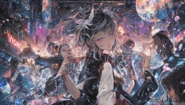 long hair,breasts,looking at viewer,smile,short hair,bangs,blue eyes,multiple girls,black hair,hair ornament,long sleeves,holding,jewelry,closed mouth,jacket,closed eyes,flower,grey hair,earrings,parted lips,multiple boys,solo focus,hair flower,bracelet,lips,night,bird,6+girls,moon,building,science fiction,6+boys,city,cyberpunk,1girl,blush,dress,upper body,outdoors,glasses,petals,mask,chinese clothes,feathers,crowd