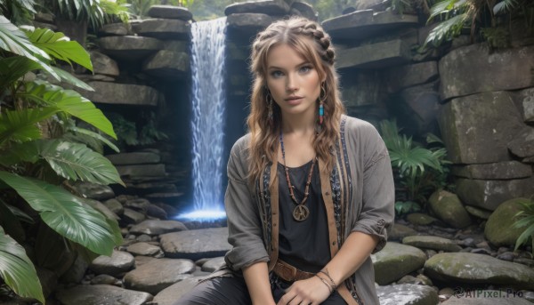 1girl,solo,long hair,looking at viewer,smile,blue eyes,blonde hair,brown hair,shirt,hair ornament,jewelry,sitting,jacket,braid,earrings,outdoors,parted lips,open clothes,day,belt,pants,water,necklace,bracelet,open jacket,lips,black shirt,leaf,sunlight,plant,denim,pendant,sleeves rolled up,jeans,rock,stairs,realistic,grey jacket,nose,waterfall,sleeves pushed up,sleeves past elbows,moss,fountain,wavy hair,grey shirt,buckle,watch,unbuttoned,brown belt,stream