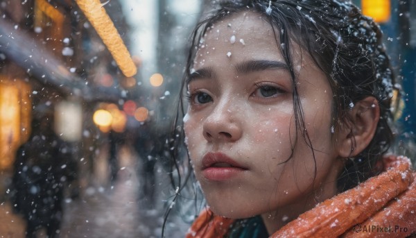 1girl, solo, long hair, black hair, outdoors, parted lips, scarf, blurry, black eyes, lips, depth of field, blurry background, looking up, portrait, forehead, rain, snowing, realistic, nose