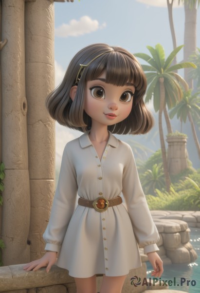 1girl,solo,looking at viewer,smile,short hair,bangs,brown hair,long sleeves,dress,brown eyes,closed mouth,standing,hairband,outdoors,sky,day,belt,artist name,blunt bangs,medium hair,water,white dress,tree,blue sky,lips,child,rock,palm tree,female child,pillar,hair ornament,collarbone,parted lips,hairclip